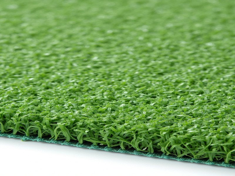 Zbliżenie na podłogę ze sztucznej trawy, ukazujące gęste włókna i podłoże.